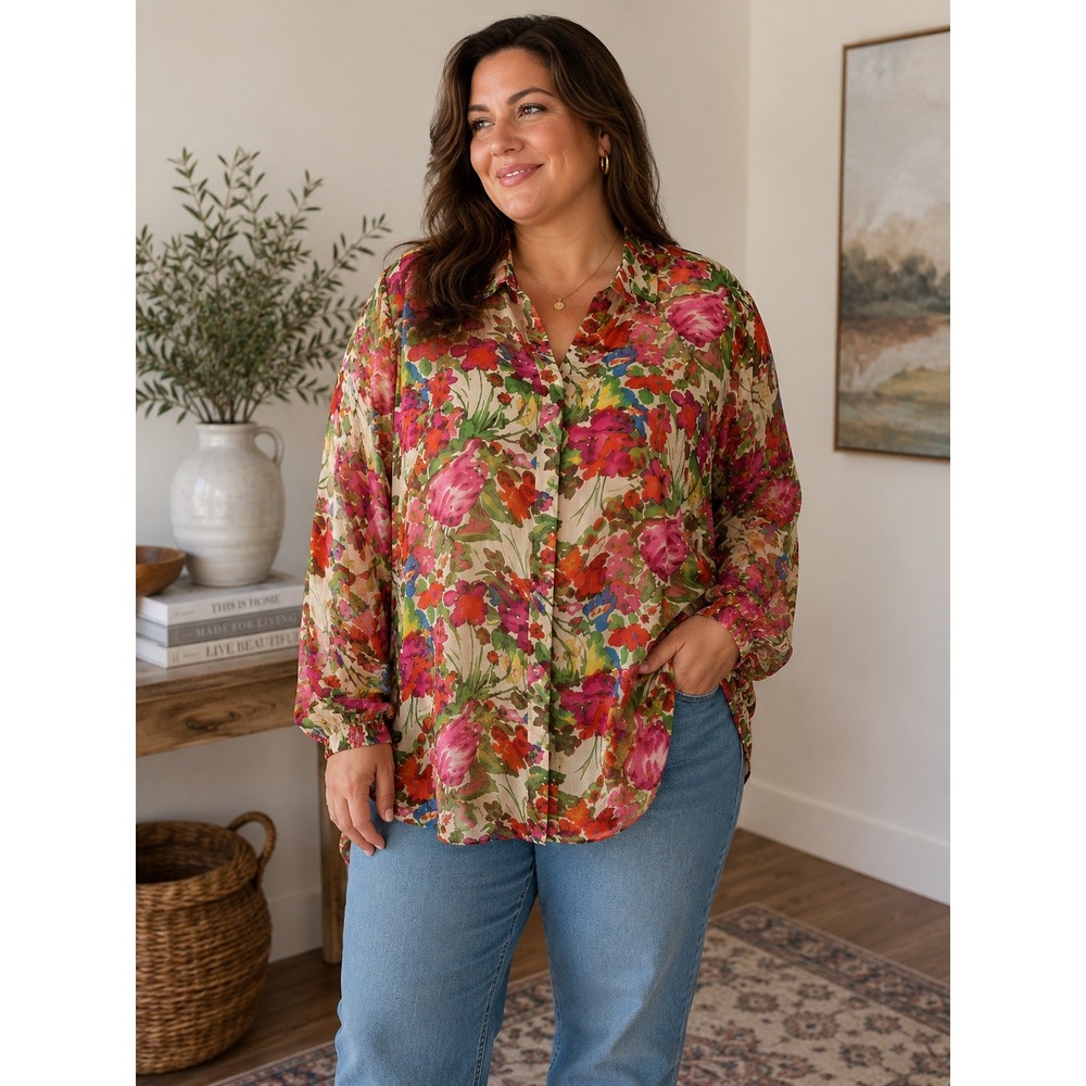 Norm Thompson Button Down Shirt Women 2X Floral Sheer Lined Chiffon